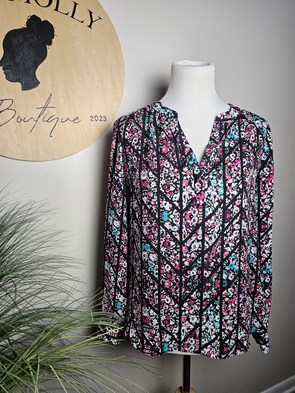 Candie's Black Floral Chevron V-Neck Blouse with Pink & Teal Accents